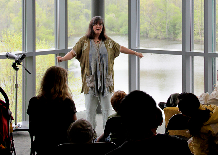 Aileen storytelling at Cornell Lab of Ornithology Open House